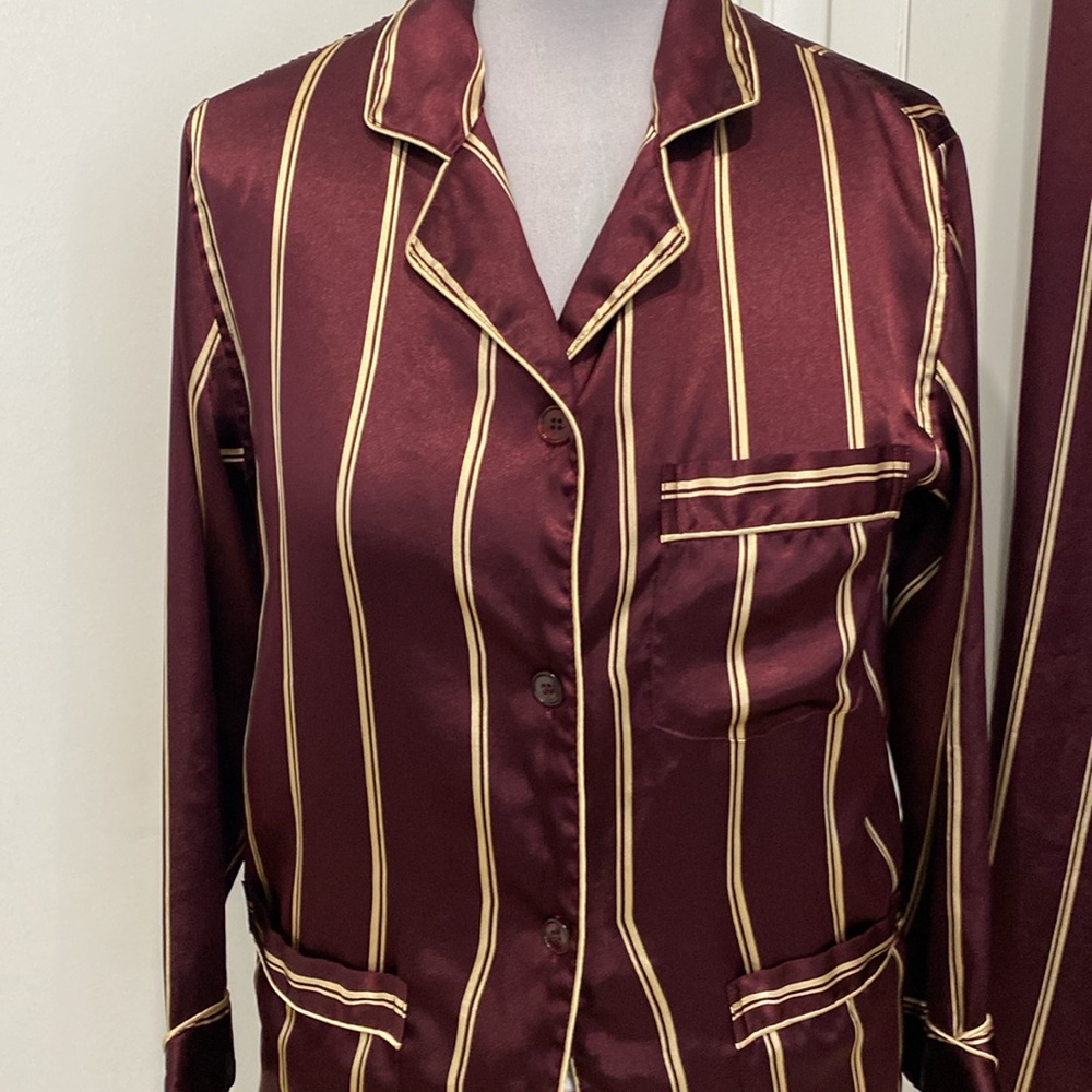 Vintage 90’s Victoria’s Secret Burgundy & Gold Stripe Satin Pajama Set| Size XS - Picture 3 of 10